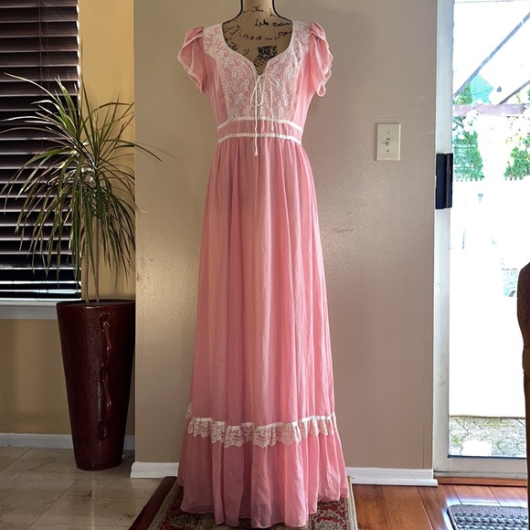 Rare Vintage Gunne Sax Pink Lace Up Corset Prairie Maxi Long Full Skirt Dress - Picture 1 of 14